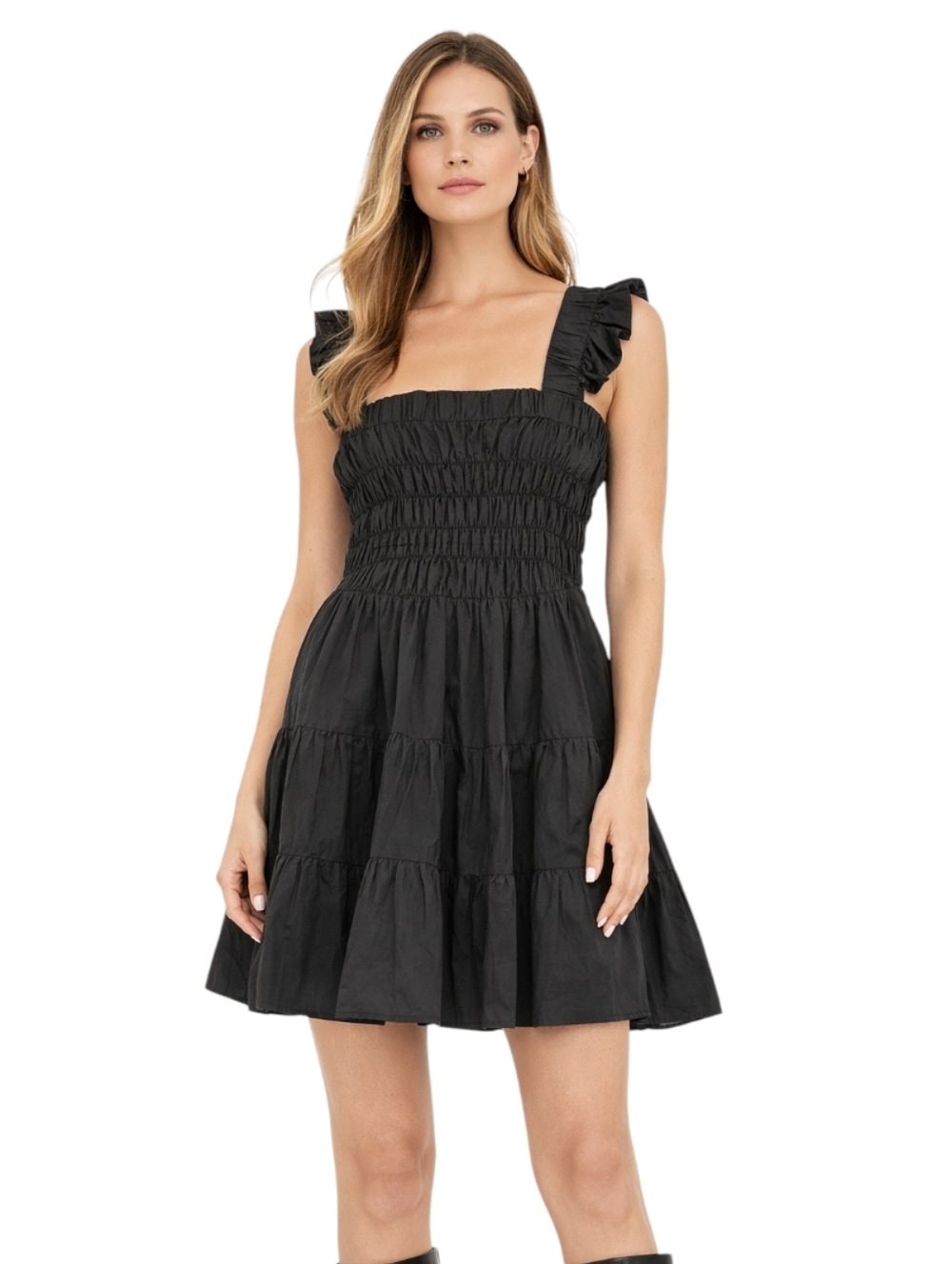 Greylin Anthropologie Black Smocked Tiered Mini Dress 100% Cotton Women's Large